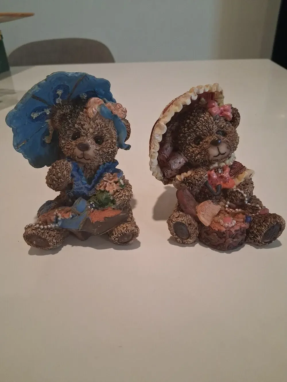 Vintage Resin Teddy Bear Figurines Lot Of 2 Dressed Girl Bears Hats Umbrella